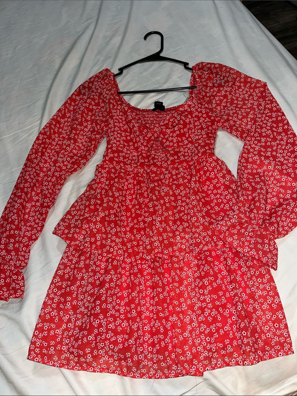 Red Floral Tiered Long Sleeve Dress